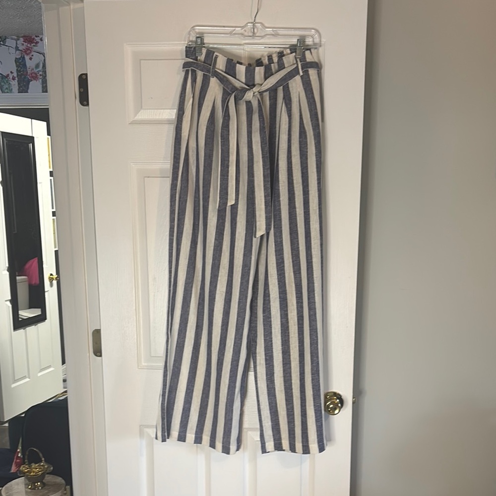 Striped Linen Blend Wide-Leg Pants Size Large